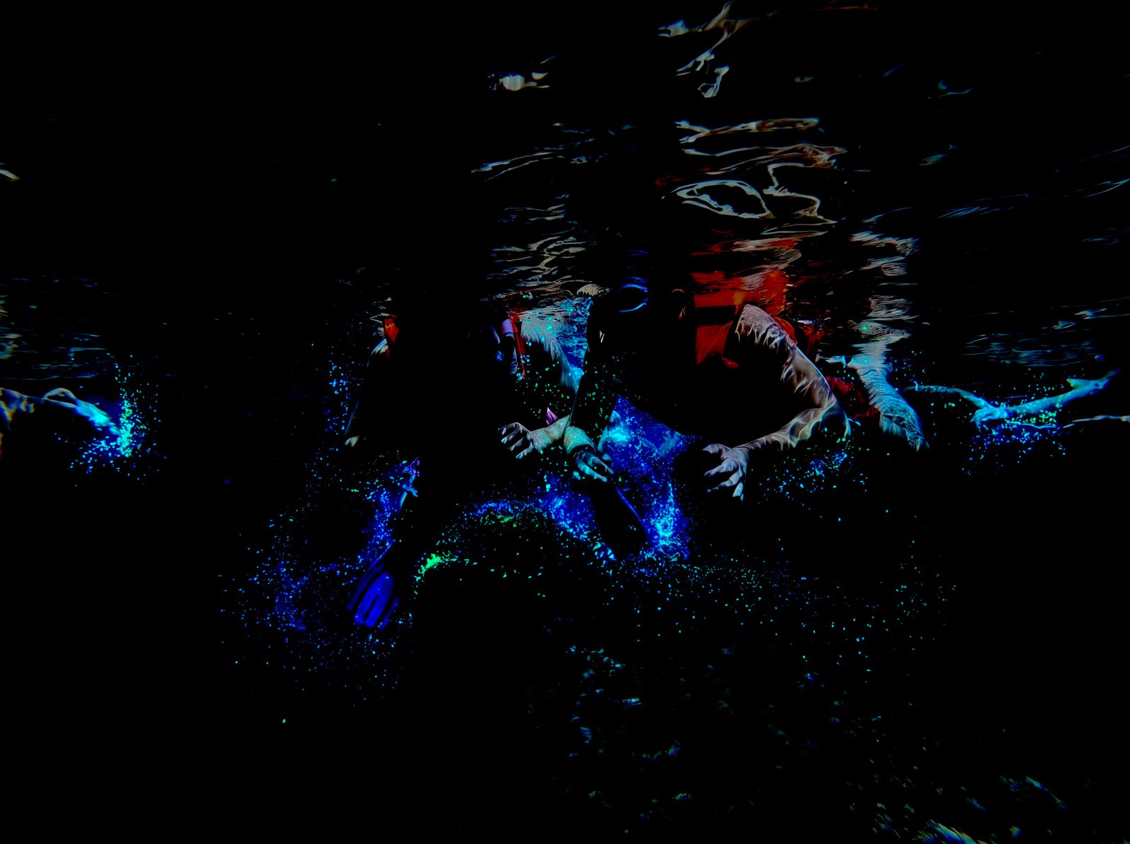 Bioluminescent plankton glowing in the ocean near Los Arcos de Mismaloya
